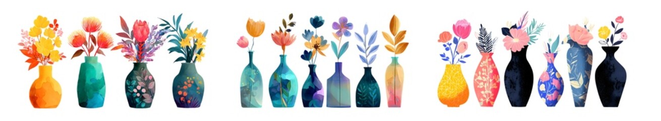 Fototapete - set of Colorful vases with floral arrangements. isolated on transparent background