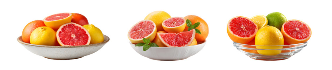 Poster - set of Citrus fruits in assorted bowls against a white background.