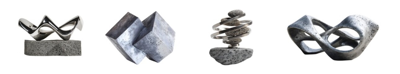 Fototapete - set of Abstract metal sculptures on stone bases. isolated on transparent background