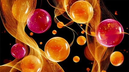 Poster - Abstract Background with Orange and Pink Shiny Bubbles and Golden Texture