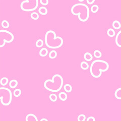 Aufkleber - Seamless pattern with cute dog or cat paw. Hand drawn fun childish print. Pink and white colors. Vector line illustration