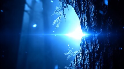 Poster - Enchanted Winter Forest Blue Light Emerging from Icy Tree Hole