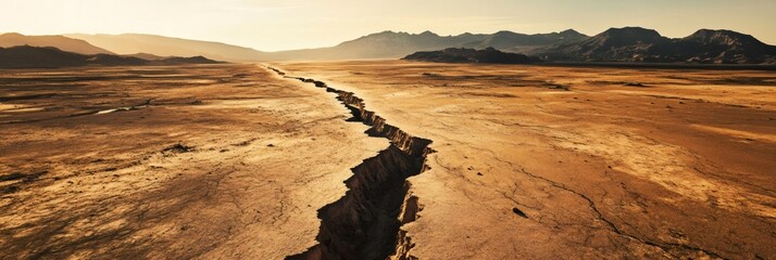 Poster - Stretching across a dry desert landscape, a large crack reveals seismic activity, showcasing the powerful forces of nature and the dramatic impact of geological processes at play