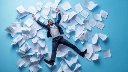 Aufkleber - Businessman wearing a suit is falling down with his arms and legs spread out and screaming, surrounded by many sheets of paper on a light blue background, expressing stress and overwhelm