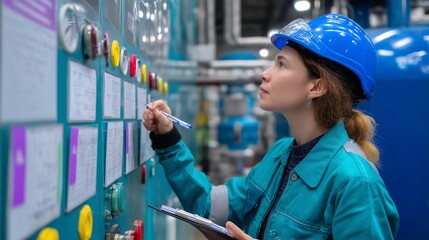 Poster - Engineer checks control panel at industrial facility during daytime operation for efficient machinery management