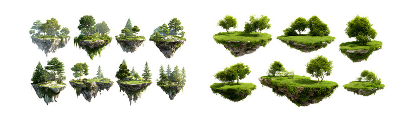 Poster - set of Floating islands with lush greenery. isolated on transparent background