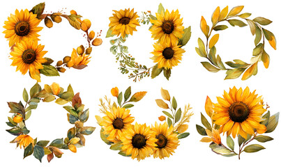 Poster - Watercolor sunflower wreaths isolated on transparent background
