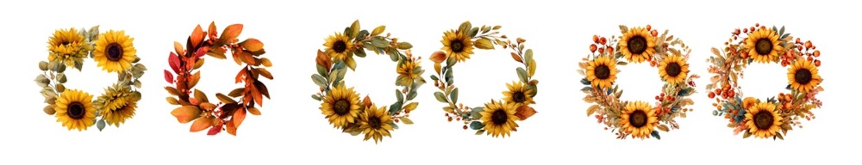 Fototapete - Decorative floral wreaths featuring sunflowers and autumnal leaves. isolated on transparent background