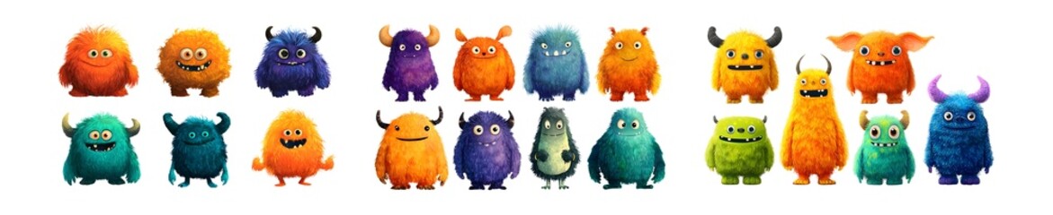 Poster - Collection of colorful, fluffy monsters. isolated on transparent background