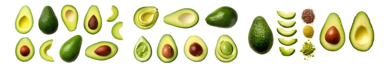 Poster - Various whole and sliced avocados displayed on a white background.