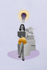 Poster - Trend art collage of person use gadget sit box with light bulb on purple background