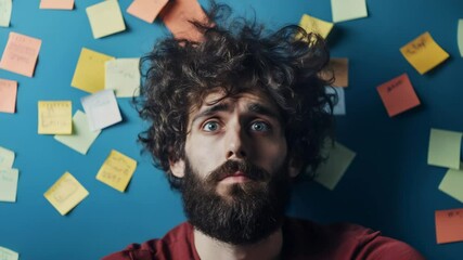 Aufkleber - Young, overworked creative man sleeping amidst colorful notes and reminders plastered on a blue wall, showcasing messy hair and a scruffy beard, embodying fatigue and stress
