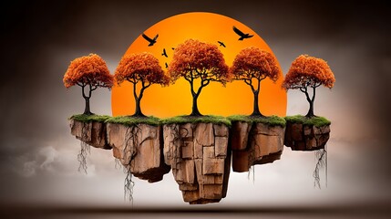 Poster - Surreal Autumn Sunset Floating Island with Orange Trees and Birds