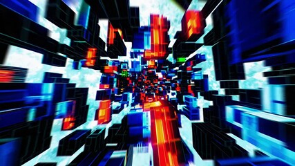Poster - Abstract digital tunnel with colorful lights and geometric shapes  