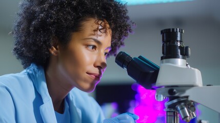 Poster - young scientist examines sample under microscope in modern laboratory setting