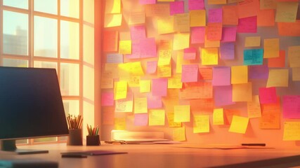 Aufkleber - Warm sunlight streaming through windows highlighting modern office workspace wall densely covered with multicolored adhesive notes representing collaborative planning strategy