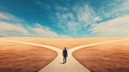 Poster - Professional businessman walking at critical crossroads, symbolizing pivotal career moment, strategic decision making, and professional life challenges with multiple potential paths forward