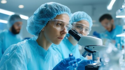 Poster - Medical researchers working in a laboratory setting analyze samples under a microscope during a research project