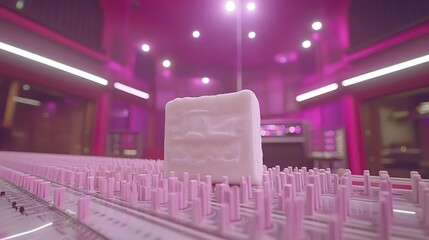 Poster - Abstract architectural block standing amidst a vibrant pink cityscape with lights