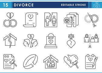 A set of line icons related to Divorce. Divorced, breakup, family, apart, law, death, and so on. Vector editable stroke.