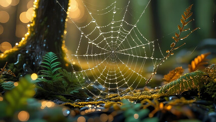 Spider webs in the tropical rainforest glistening in the morning light with water droplets and dew