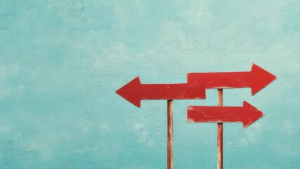 Poster - Conflicting directional signs showing contrasting paths, representing decision making challenges and potential career crossroads against textured blue backdrop