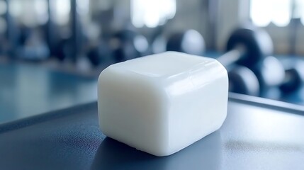 Poster - Close-up of white block against gym equipment, representing health and fitness