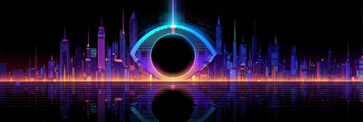Poster - Futuristic Cityscape Featuring an Eye-Shaped Skyline With Neon Outlines and a Blank Upper Portion Showcasing Advanced Urban Design