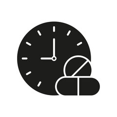 Poster - Clock With Pills Solid Icon. Medication Timing, Dosage Schedule, And Prescription Management Silhouette Symbol. Healthcare And Treatment Planning. Isolated Vector Illustration