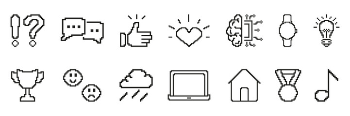 Poster - Pixel Art Icon Set Featuring Communication, Emotions, Technology, And Achievement Retro Symbols. Retro Style Pixelated Symbol Collection. Isolated Vector Illustration