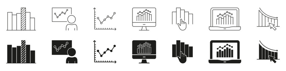 Fototapete - Data Analytics And Visualization Line And Solid Icon Set. Business Intelligence, Graph Analysis, Performance Tracking Symbols. Financial And Statistical Insights. Isolated Vector Illustration