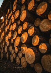 Poster - Rustic Timber Stack: Golden Hour Glow - A collection of logs, stacked neatly, bathed in the warm glow of sunset. Symbolizing: nature, construction, industry, warmth, and endurance