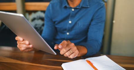 Poster - Remote work, man or hands with tablet at restaurant for research, editor feedback or proofreading. Notebook, writer and digital app at cafe for story development, creative process and editing blog