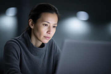 Fototapete - Asian woman focused on laptop screen in a dimly lit workspace, showcasing concentration and determination while engaging in professional tasks and digital activities