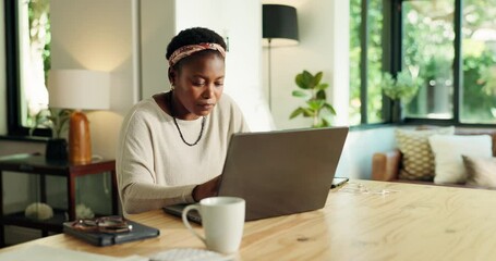Poster - Woman, typing and remote work with laptop, home and planning for blog post, online and social media. House, writer and black person with tech for article, freelancer and proofreading of draft on web
