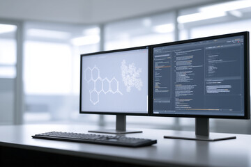 Fototapete - Dual computer monitors displaying programming code and molecular structure on a sleek desk in a modern office environment, showcasing technology and innovation in digital workspace