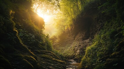 Wall Mural - a serene forest pathway illuminated by sunlight peeking through the trees. nature invites exploratio