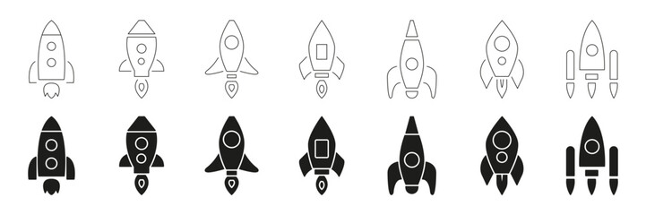 Poster - Rocket Ship Line And Solid Icon Set. Space Exploration, Innovation, And Technology Symbol Collection. Various Rocket Designs For Aerospace And Science Themes. Isolated Vector Illustration
