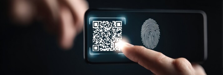 Poster - Fraudulent QR Code Detection Alert With Fingerprint Verification on Mobile Screen at Night