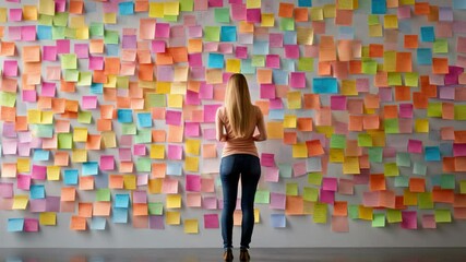 Poster - Project manager analyzing vibrant sticky notes on a wall, searching for innovative ideas and strategies to enhance her project while fostering creativity and organization in the workspace
