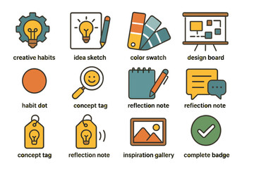 Creative icons for idea development and design process on gradient background