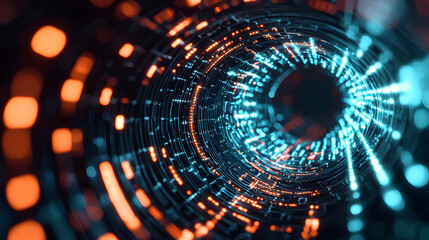 Fototapete - A mesmerizing abstract image depicting a swirling tunnel of bright blue and orange lights, creating a sense of depth and motion.