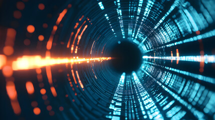 Poster - A vibrant tunnel of light showcasing dynamic blue and orange patterns, creating a visually striking digital effect.