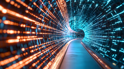 Poster - A vibrant, futuristic tunnel adorned with glowing blue and orange lights, creating a sense of motion and depth.