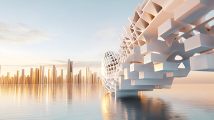 Poster - A futuristic architectural structure rises from a serene water surface, reflecting a skyline of modern skyscrapers under a soft, pastel sky.