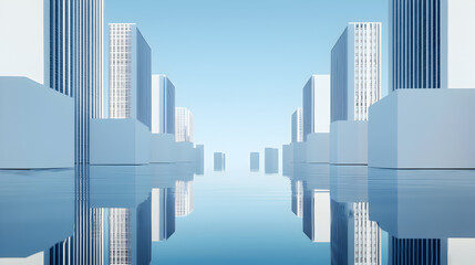 Poster - A serene cityscape featuring modern skyscrapers reflected in calm water under a clear blue sky.