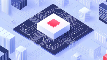 Poster - Central Processing Unit: Abstract isometric illustration of a central processing unit(CPU) at the heart of a futuristic cityscape.