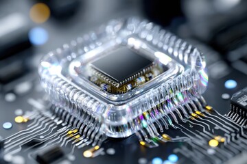 Poster - Close-up view of a transparent microchip on a circuit board showcasing intricate details