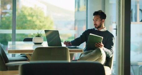 Poster - Business, man and tablet with laptop in office for research, financial report and comparison. Accountant, tech and online for reading email, review revenue and schedule update for investment proposal