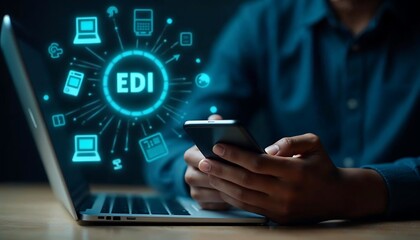 Person using smartphone near laptop displaying glowing E D I acronym surrounded by digital device icons dark teal blue technology concept
